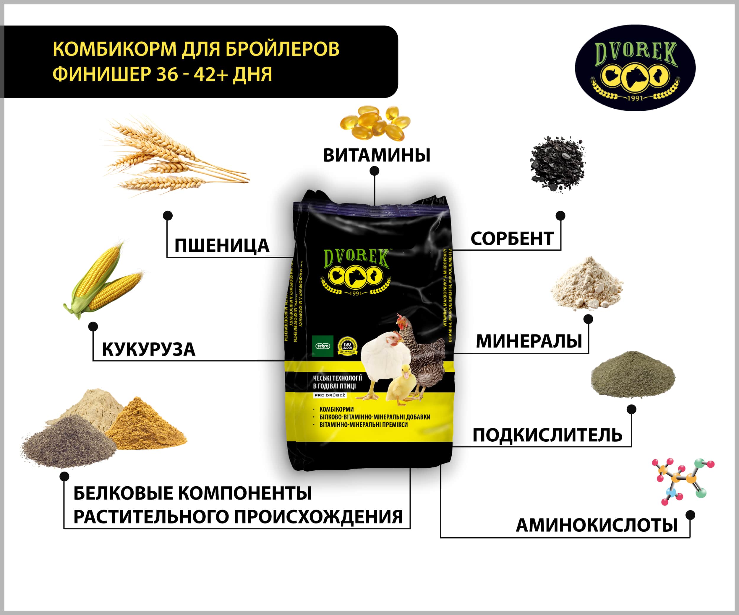 Комбикорм Dvorek для бройлеров финишер 36-42+ дней - 10 кг