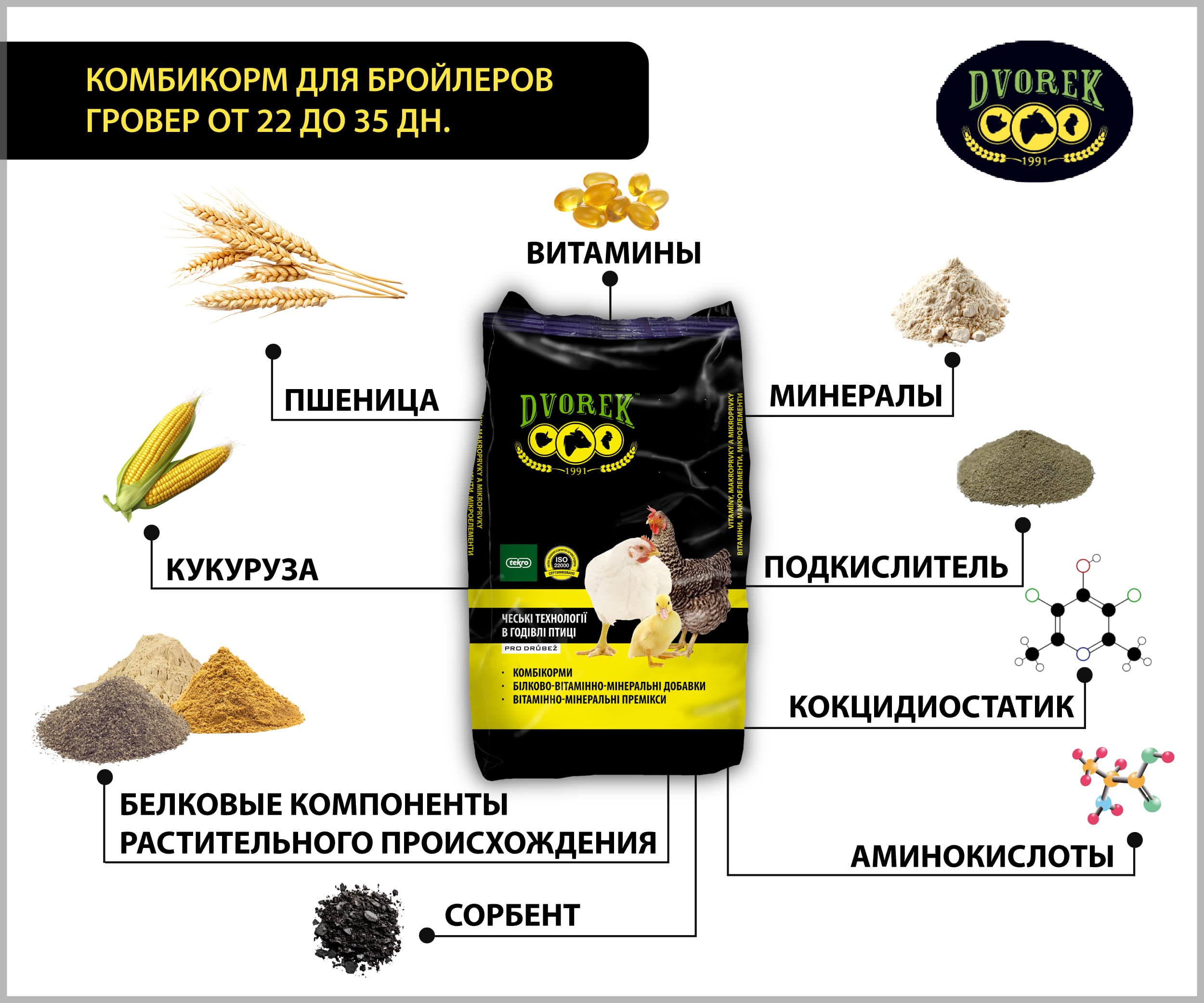 Комбикорм Dvorek для бройлеров гровер от 22 до 35 дней - 10 кг